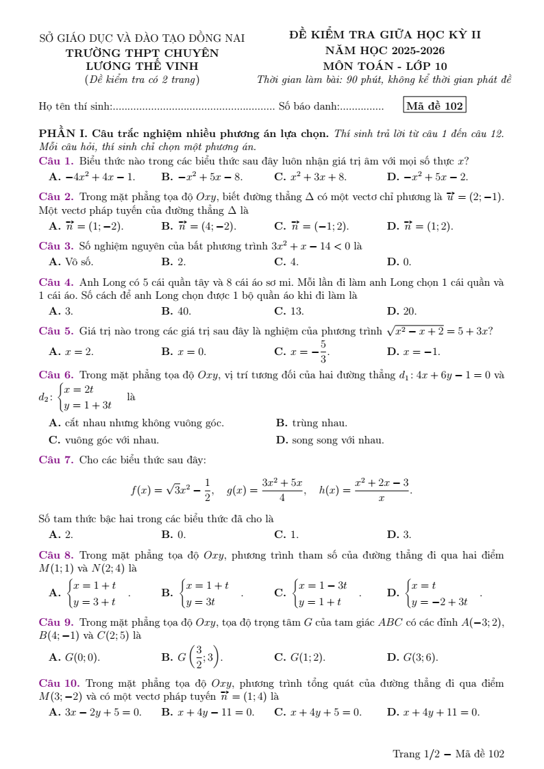 Đề thi Giữa kì 2 Toán 10 trường THPT Chuyên Lương Thế Vinh (Đồng Nai) năm 2025-2026
