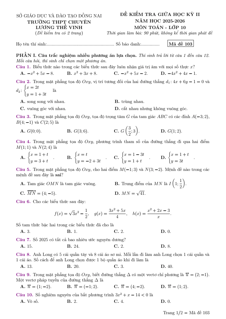 Đề thi Giữa kì 2 Toán 10 trường THPT Chuyên Lương Thế Vinh (Đồng Nai) năm 2025-2026