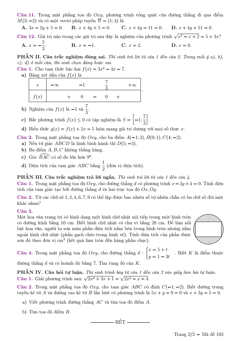 Đề thi Giữa kì 2 Toán 10 trường THPT Chuyên Lương Thế Vinh (Đồng Nai) năm 2025-2026
