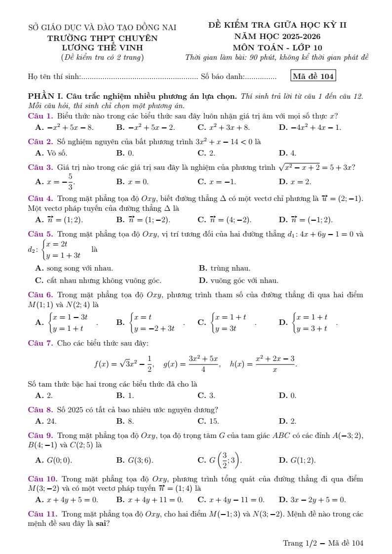 Đề thi Giữa kì 2 Toán 10 trường THPT Chuyên Lương Thế Vinh (Đồng Nai) năm 2025-2026