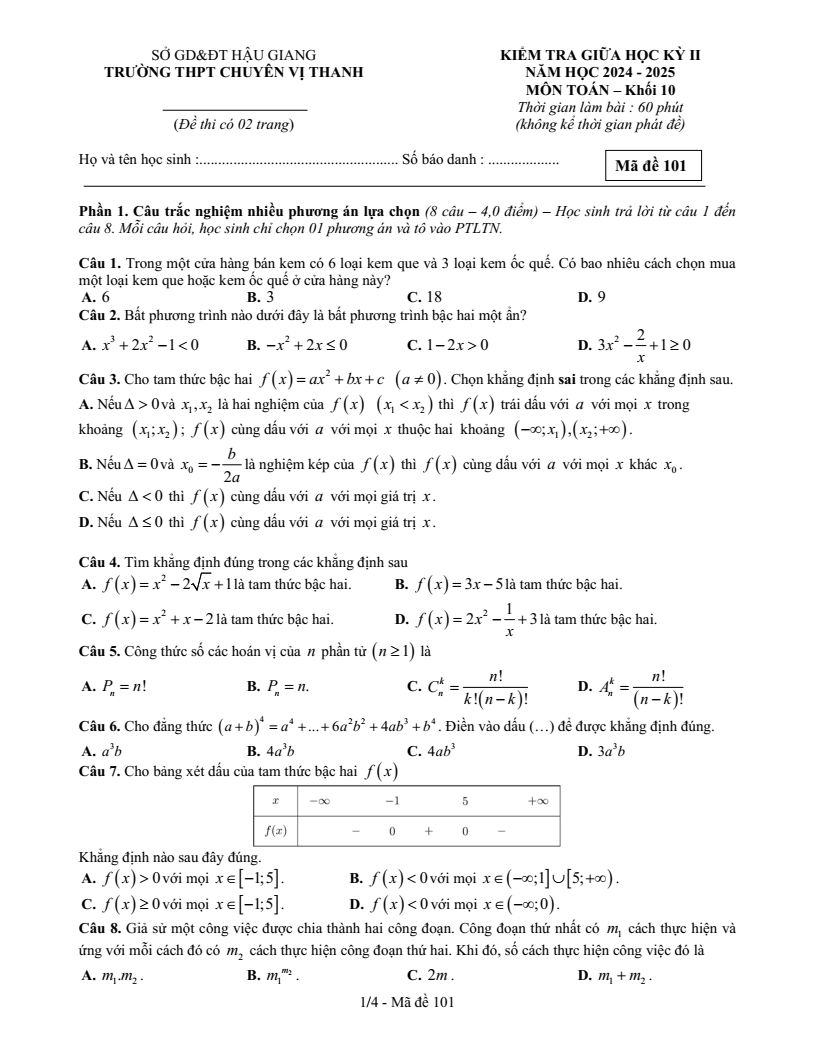 Đề thi Giữa kì 2 Toán 10 trường THPT chuyên Vị Thanh (Hậu Giang) năm 2024-2025