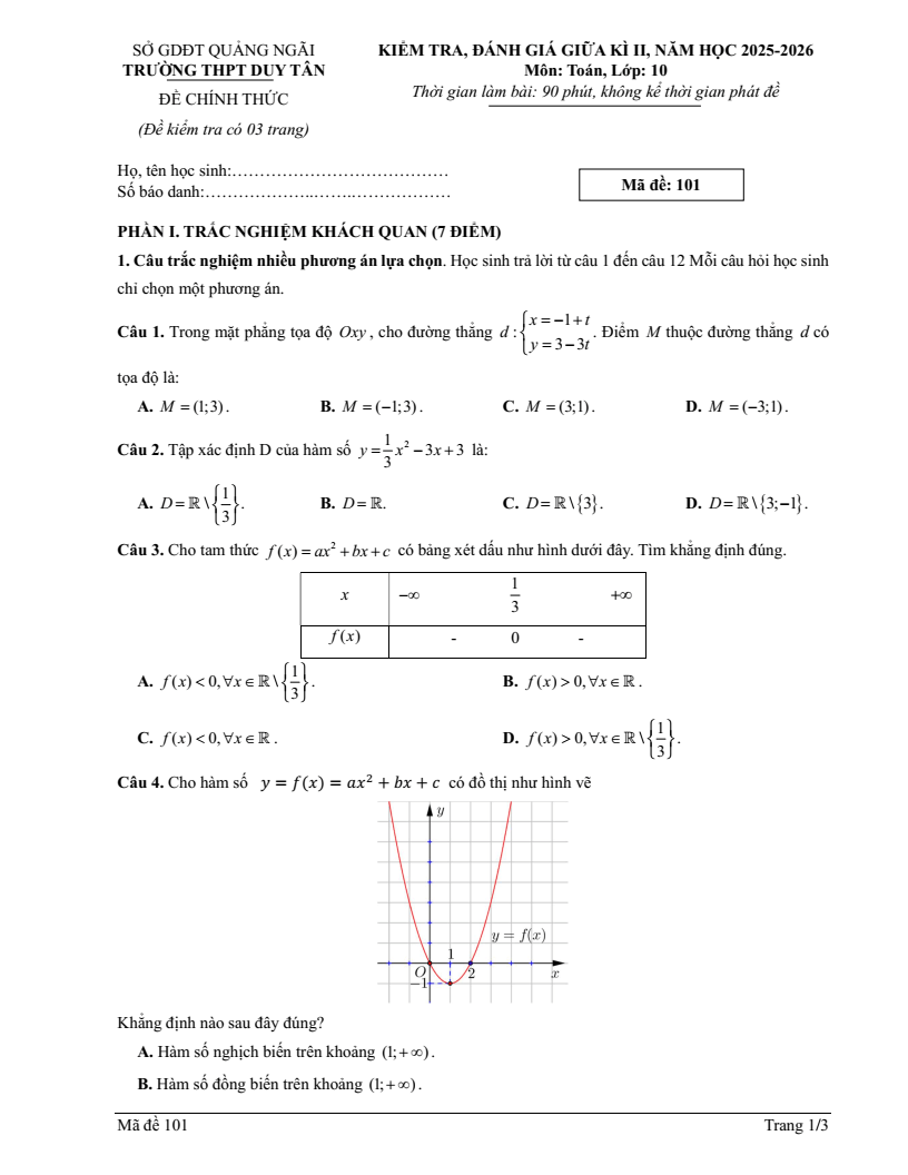 Đề thi Giữa kì 2 Toán 10 trường THPT Duy Tân (Quảng Ngãi) năm 2025-2026