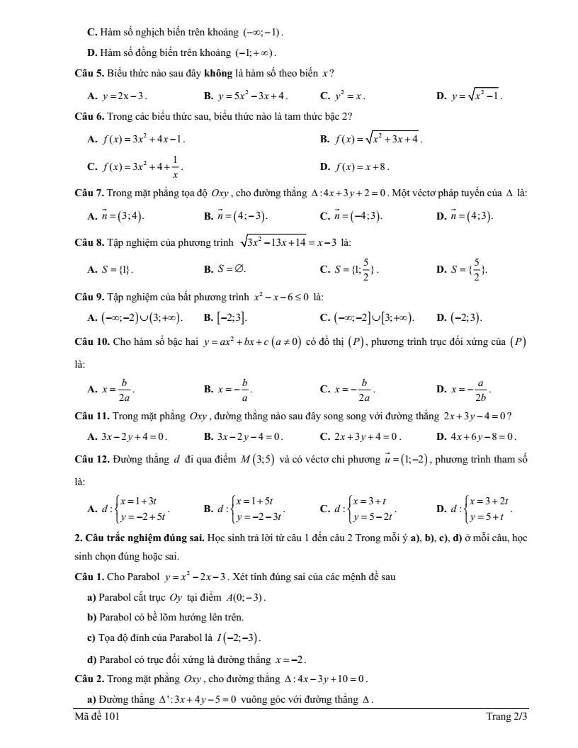 Đề thi Giữa kì 2 Toán 10 trường THPT Duy Tân (Quảng Ngãi) năm 2025-2026