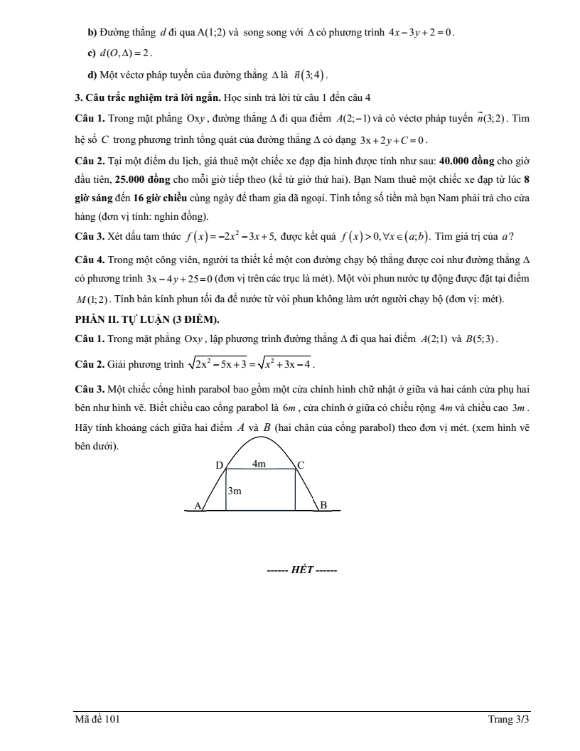 Đề thi Giữa kì 2 Toán 10 trường THPT Duy Tân (Quảng Ngãi) năm 2025-2026