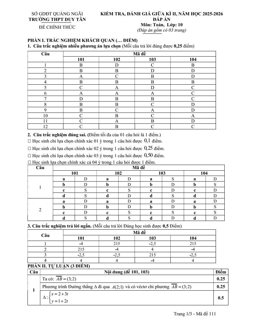 Đề thi Giữa kì 2 Toán 10 trường THPT Duy Tân (Quảng Ngãi) năm 2025-2026
