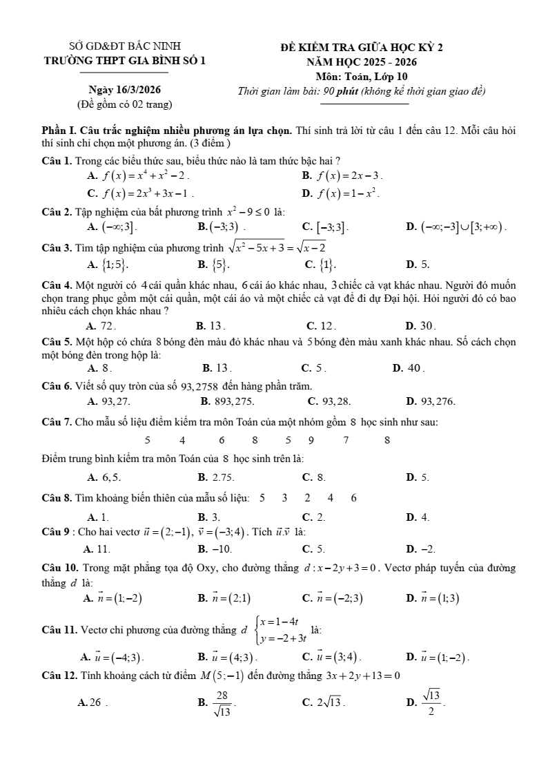 Đề thi Giữa kì 2 Toán 10 trường THPT Gia Bình Số 1 (Bắc Ninh) năm 2025-2026