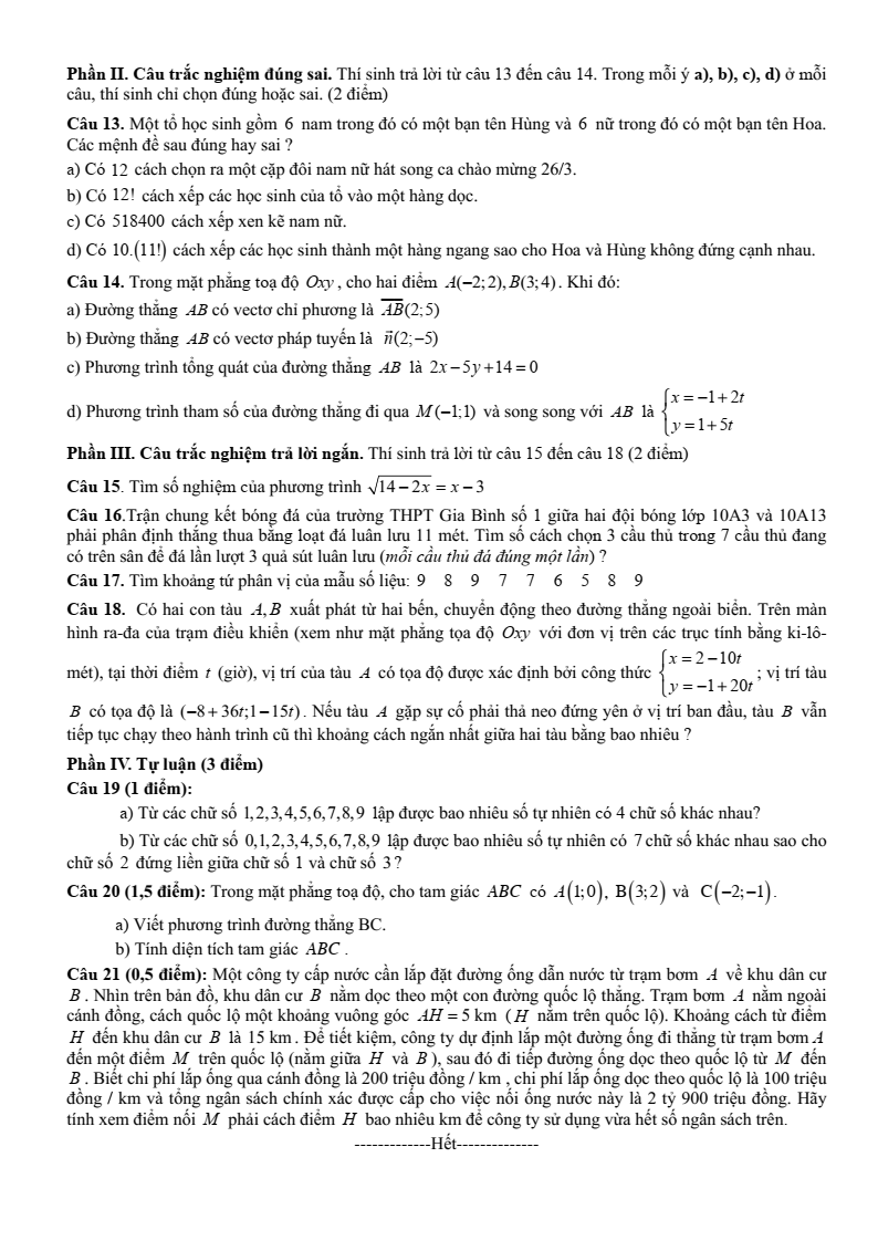 Đề thi Giữa kì 2 Toán 10 trường THPT Gia Bình Số 1 (Bắc Ninh) năm 2025-2026
