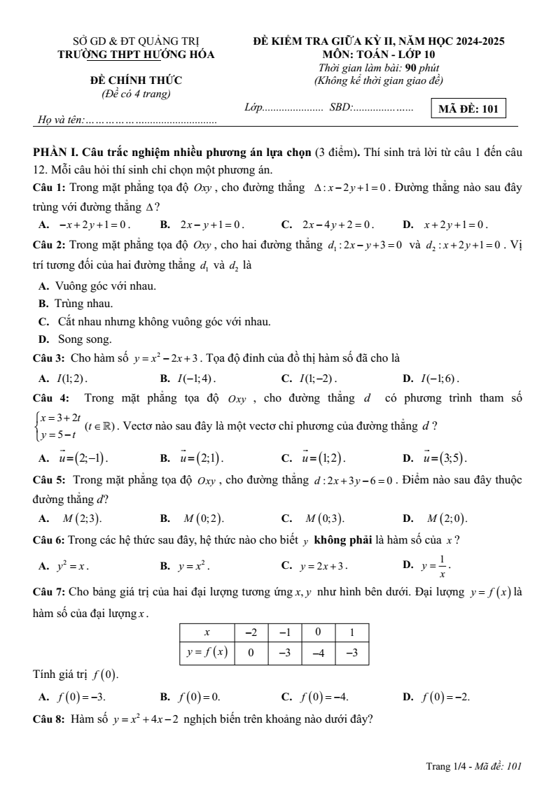 Đề thi Giữa kì 2 Toán 10 trường THPT Hướng Hóa (Quảng Trị) năm 2024-2025