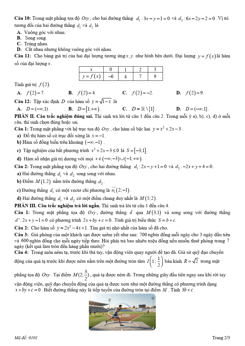 Đề thi Giữa kì 2 Toán 10 trường THPT Hướng Hóa (Quảng Trị) năm 2025-2026