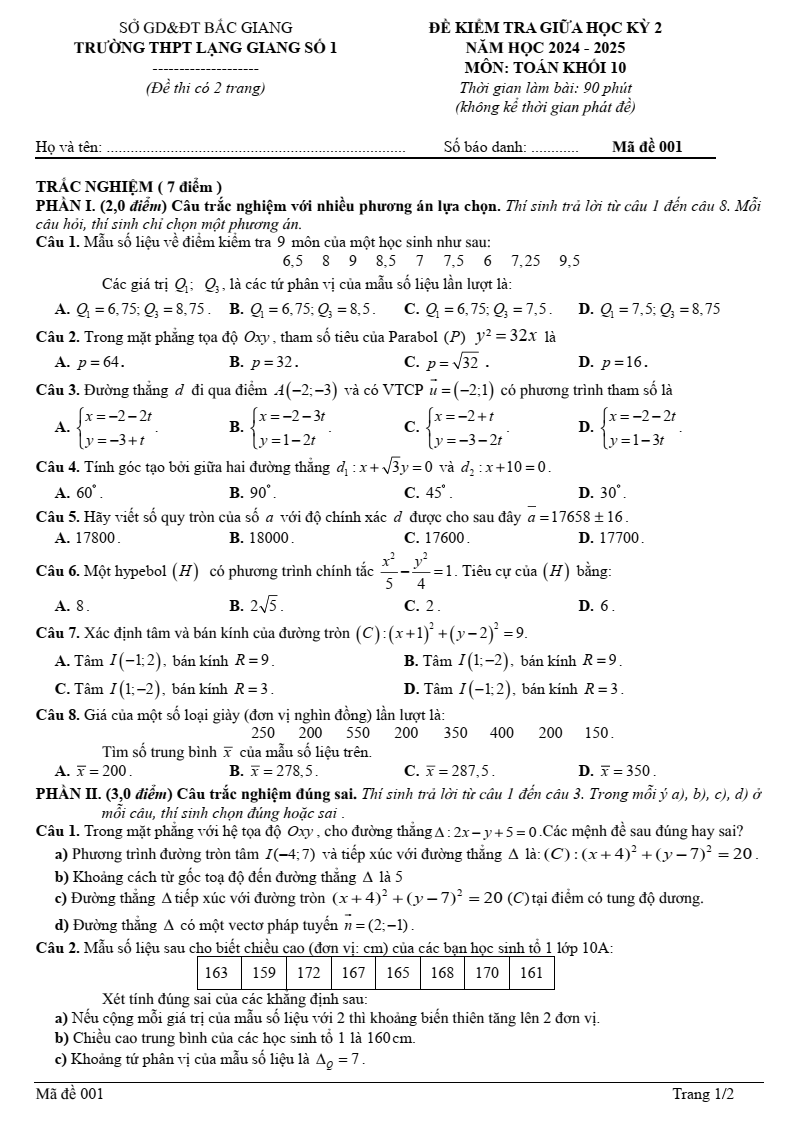Đề thi Giữa kì 2 Toán 10 trường THPT Lạng Giang 1 (Bắc Giang) năm 2024-2025