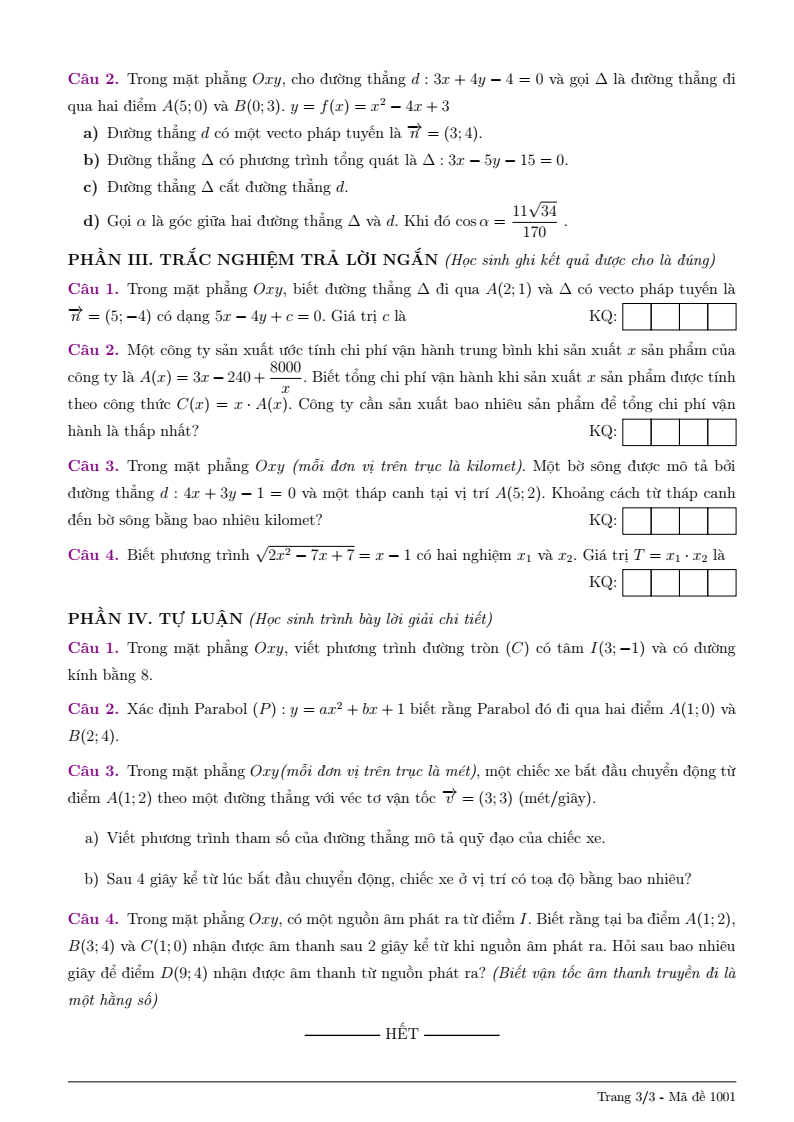 Đề thi Giữa kì 2 Toán 10 trường THPT Lê Quý Đôn (Quảng Ngãi) năm 2025-2026