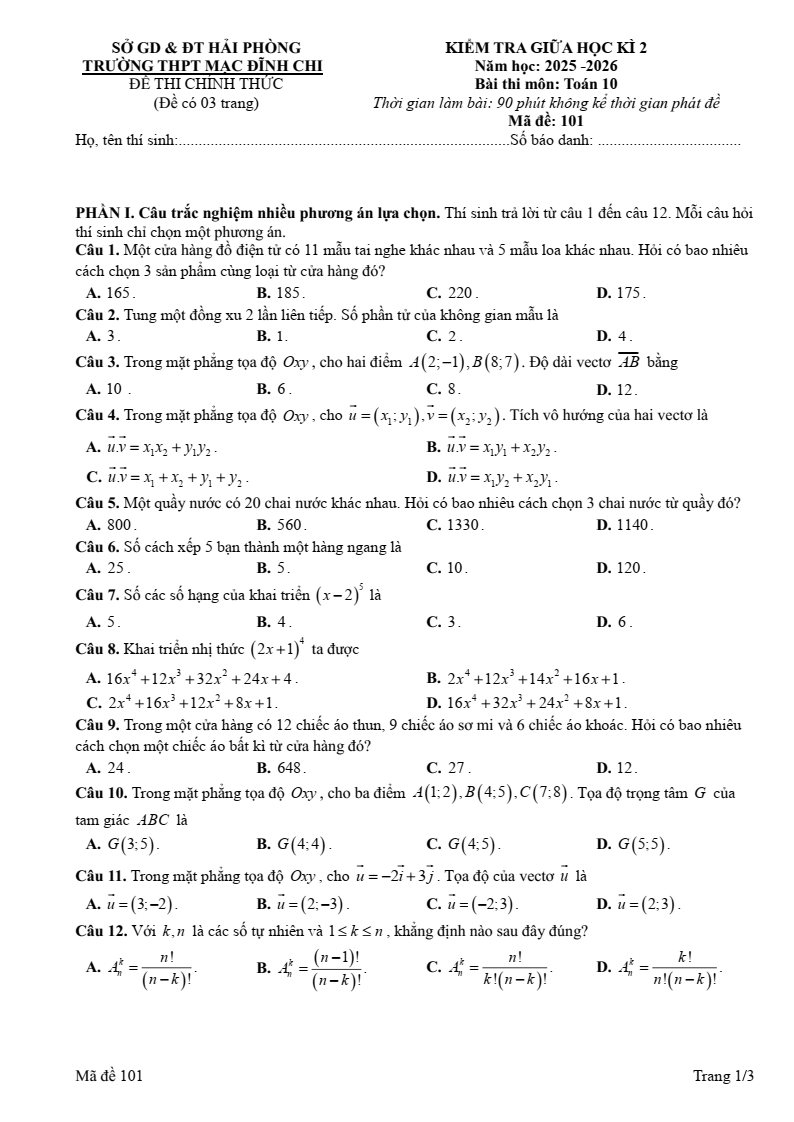 Đề thi Giữa kì 2 Toán 10 trường THPT Mạc Đĩnh Chi (Hải Phòng) năm 2025-2026