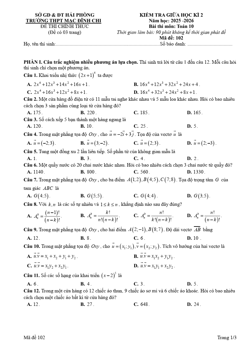 Đề thi Giữa kì 2 Toán 10 trường THPT Mạc Đĩnh Chi (Hải Phòng) năm 2025-2026