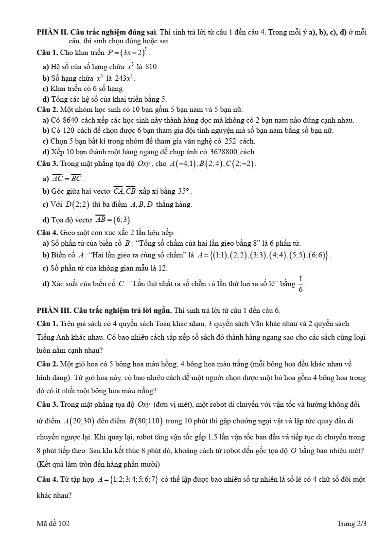 Đề thi Giữa kì 2 Toán 10 trường THPT Mạc Đĩnh Chi (Hải Phòng) năm 2025-2026