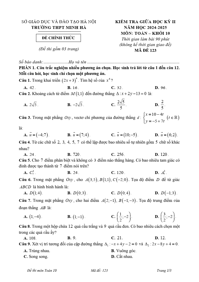 Đề thi Giữa kì 2 Toán 10 trường THPT Minh Hà (Hà Nội) năm 2024-2025