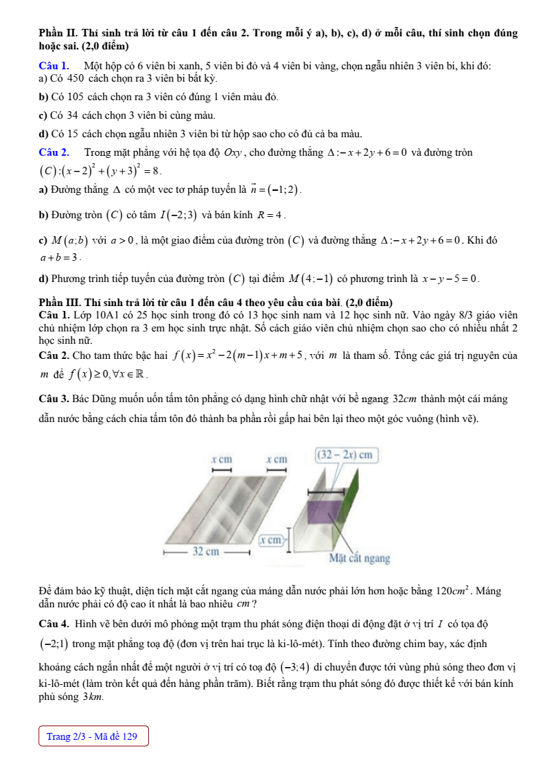 Đề thi Giữa kì 2 Toán 10 trường THPT Ninh Bình - Bạc Liêu (Ninh Bình) năm 2024-2025