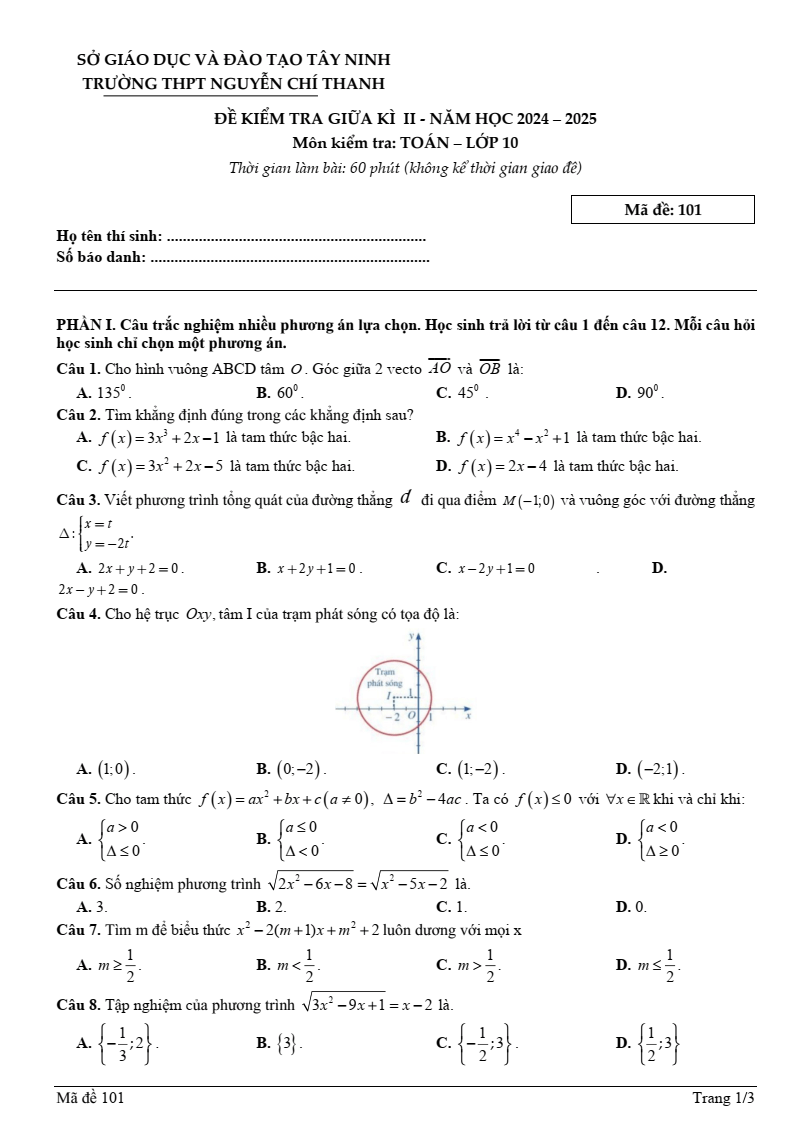 Đề thi Giữa kì 2 Toán 10 trường THPT Nguyễn Chí Thanh (Tây Ninh) năm 2024-2025
