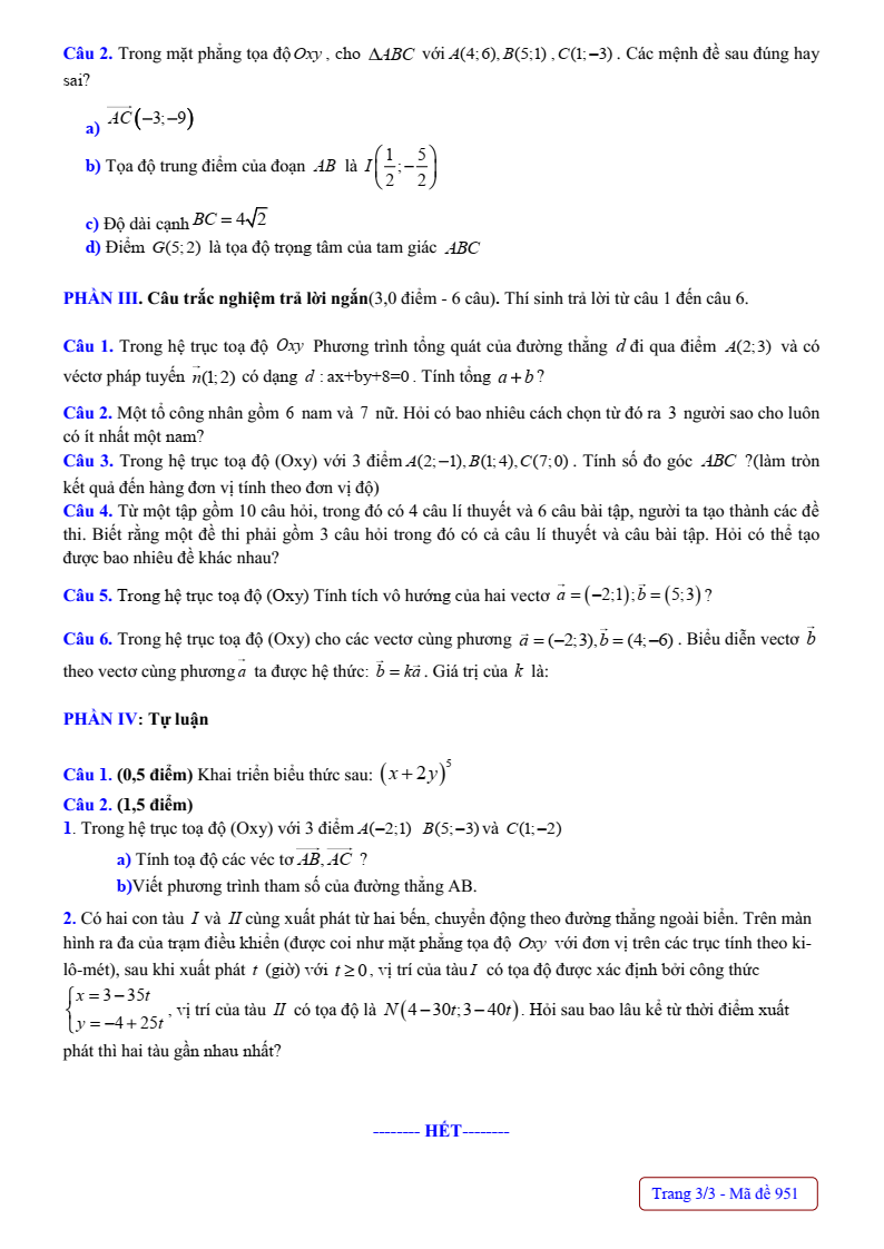Đề thi Giữa kì 2 Toán 10 trường THPT Nguyễn Du (Nam Định) năm 2024-2025