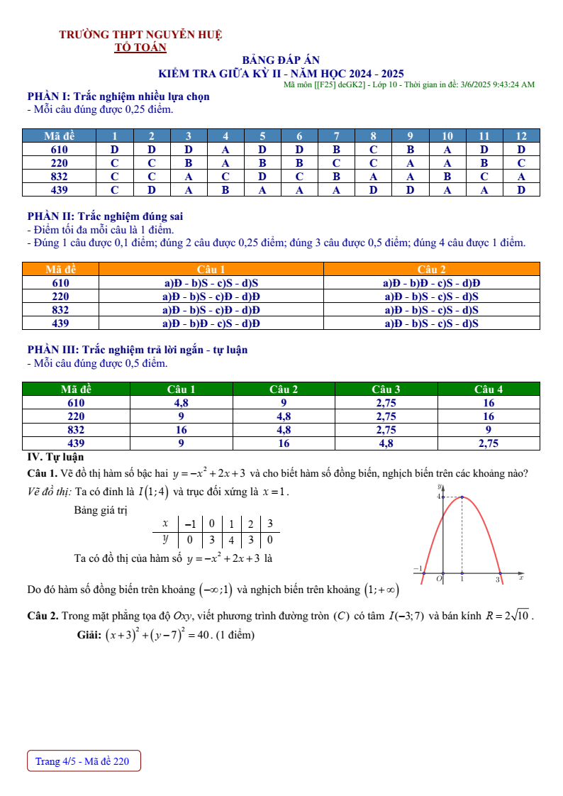 Đề thi Giữa kì 2 Toán 10 trường THPT Nguyễn Huệ (Huế) năm 2024-2025