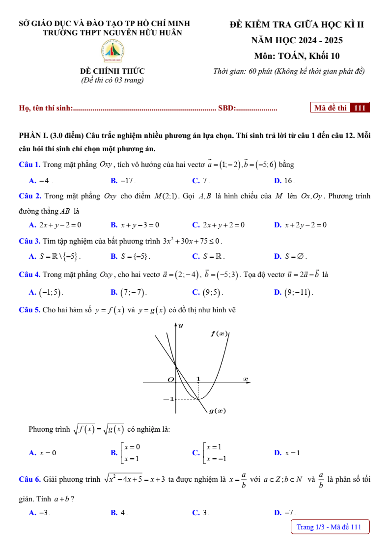 Đề thi Giữa kì 2 Toán 10 trường THPT Nguyễn Hữu Huân (Tp.HCM) năm 2024-2025
