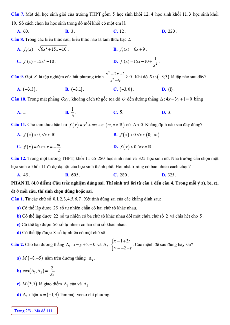 Đề thi Giữa kì 2 Toán 10 trường THPT Nguyễn Hữu Huân (Tp.HCM) năm 2024-2025