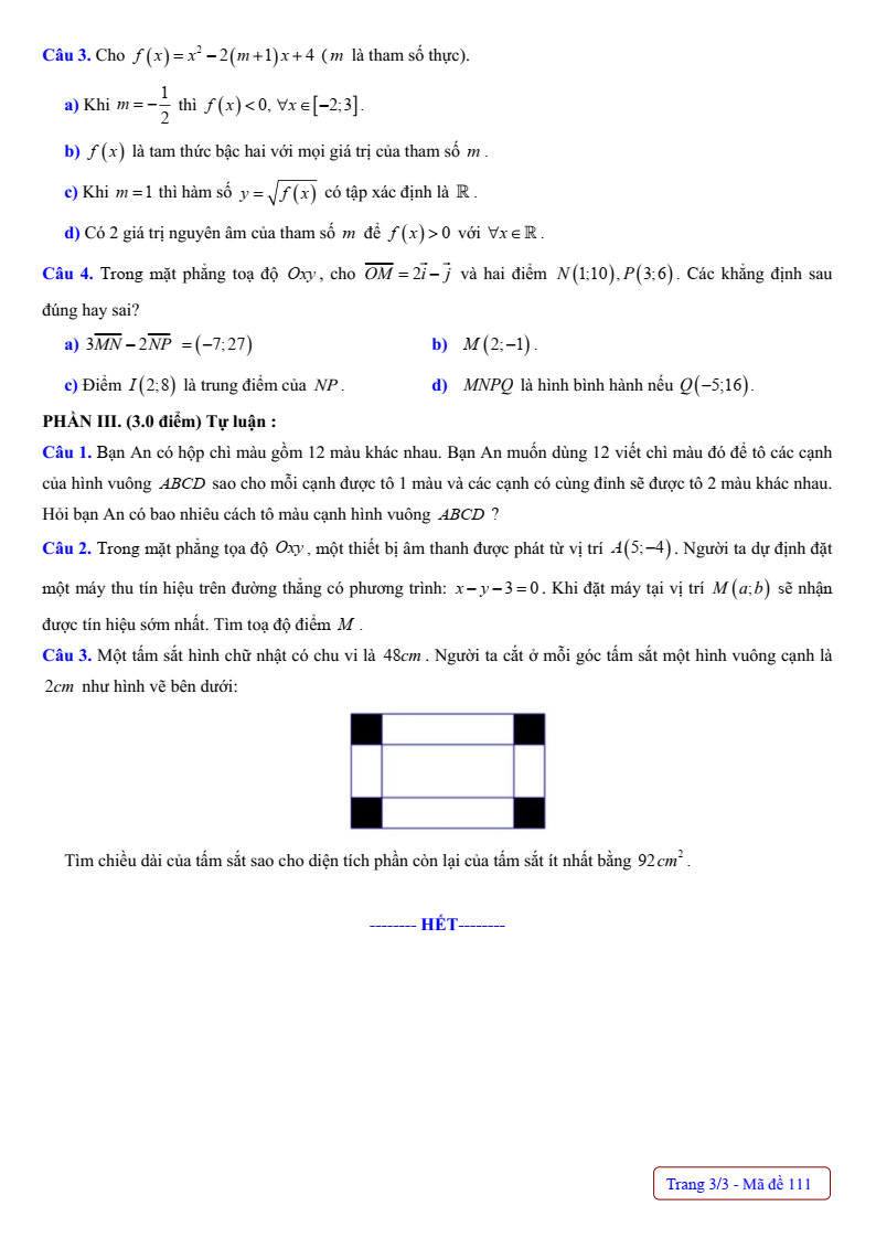 Đề thi Giữa kì 2 Toán 10 trường THPT Nguyễn Hữu Huân (Tp.HCM) năm 2024-2025