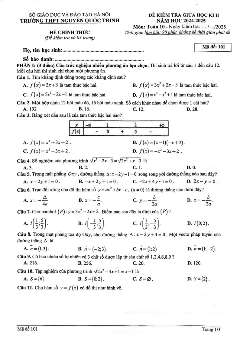 Đề thi Giữa kì 2 Toán 10 trường THPT Nguyễn Quốc Trinh (Hà Nội) năm 2024-2025