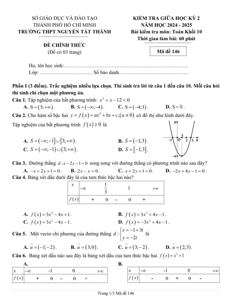 Đề thi Giữa kì 2 Toán 10 trường THPT Nguyễn Tất Thành (Tp.HCM) năm 2024-2025