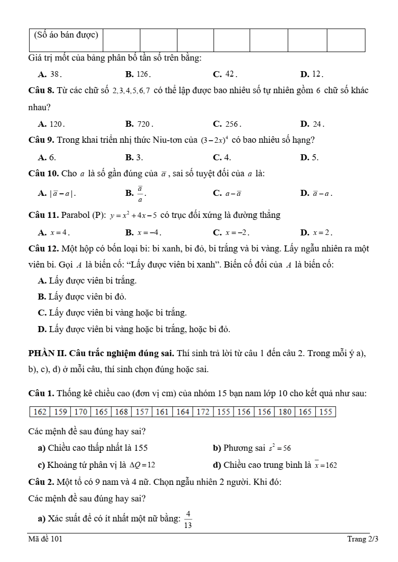 Đề thi Giữa kì 2 Toán 10 trường THPT Nguyễn Trung Thiên (Hà Tĩnh) năm 2024-2025