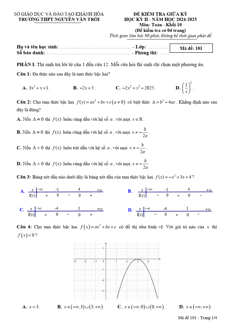 Đề thi Giữa kì 2 Toán 10 trường THPT Nguyễn Văn Trỗi (Khánh Hòa) năm 2024-2025