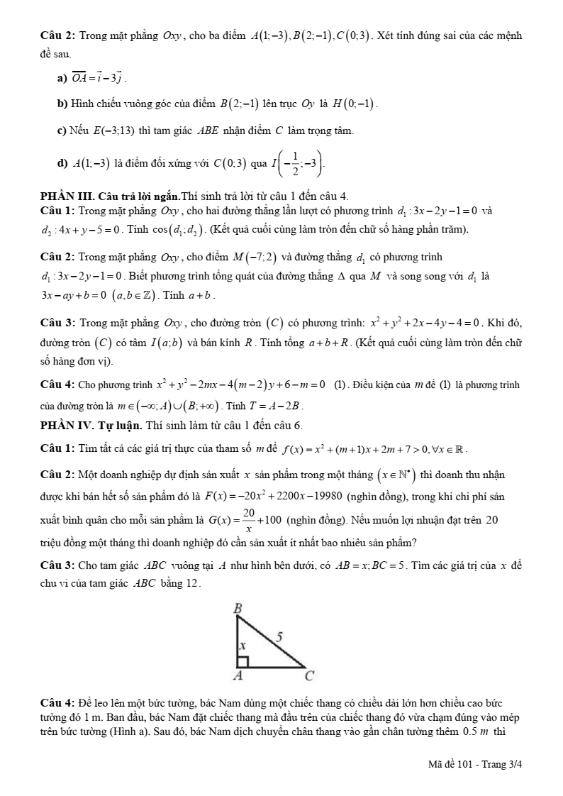 Đề thi Giữa kì 2 Toán 10 trường THPT Nguyễn Văn Trỗi (Khánh Hòa) năm 2024-2025