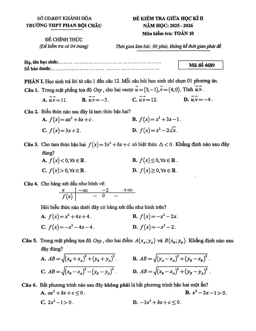 Đề thi Giữa kì 2 Toán 10 trường THPT Phan Bội Châu (Khánh Hòa) năm 2025-2026