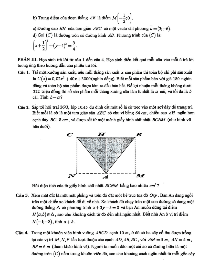 Đề thi Giữa kì 2 Toán 10 trường THPT Phan Bội Châu (Khánh Hòa) năm 2025-2026