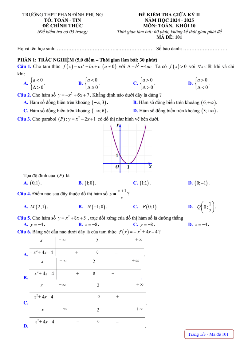 Đề thi Giữa kì 2 Toán 10 trường THPT Phan Đình Phùng (Hà Nội) năm 2024-2025