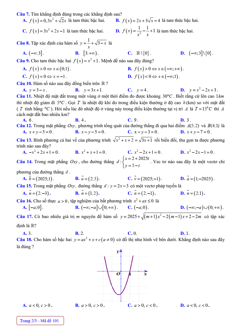 Đề thi Giữa kì 2 Toán 10 trường THPT Phan Đình Phùng (Hà Nội) năm 2024-2025
