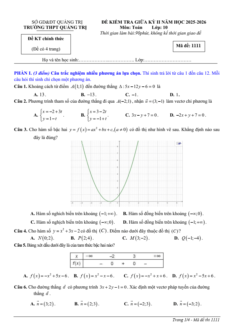 Đề thi Giữa kì 2 Toán 10 trường THPT Quảng Trị (Quảng Trị) năm 2025-2026