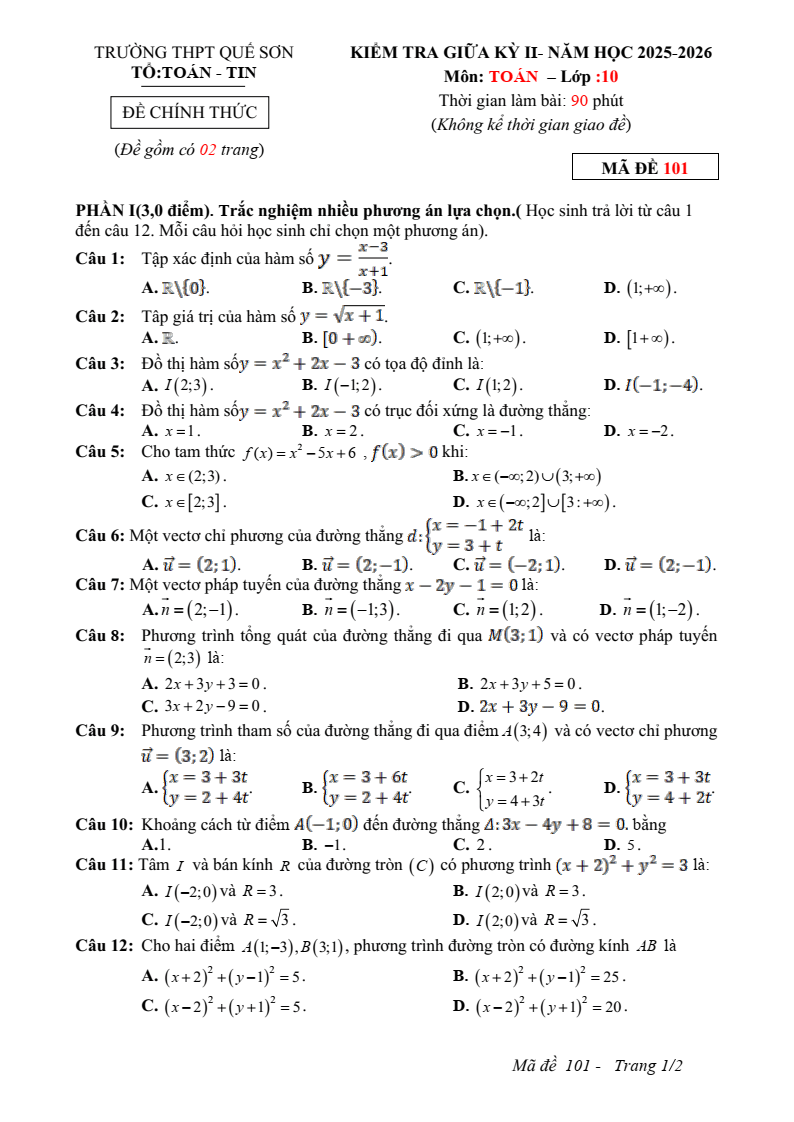 Đề thi Giữa kì 2 Toán 10 trường THPT Quế Sơn (Đà Nẵng) năm 2025-2026