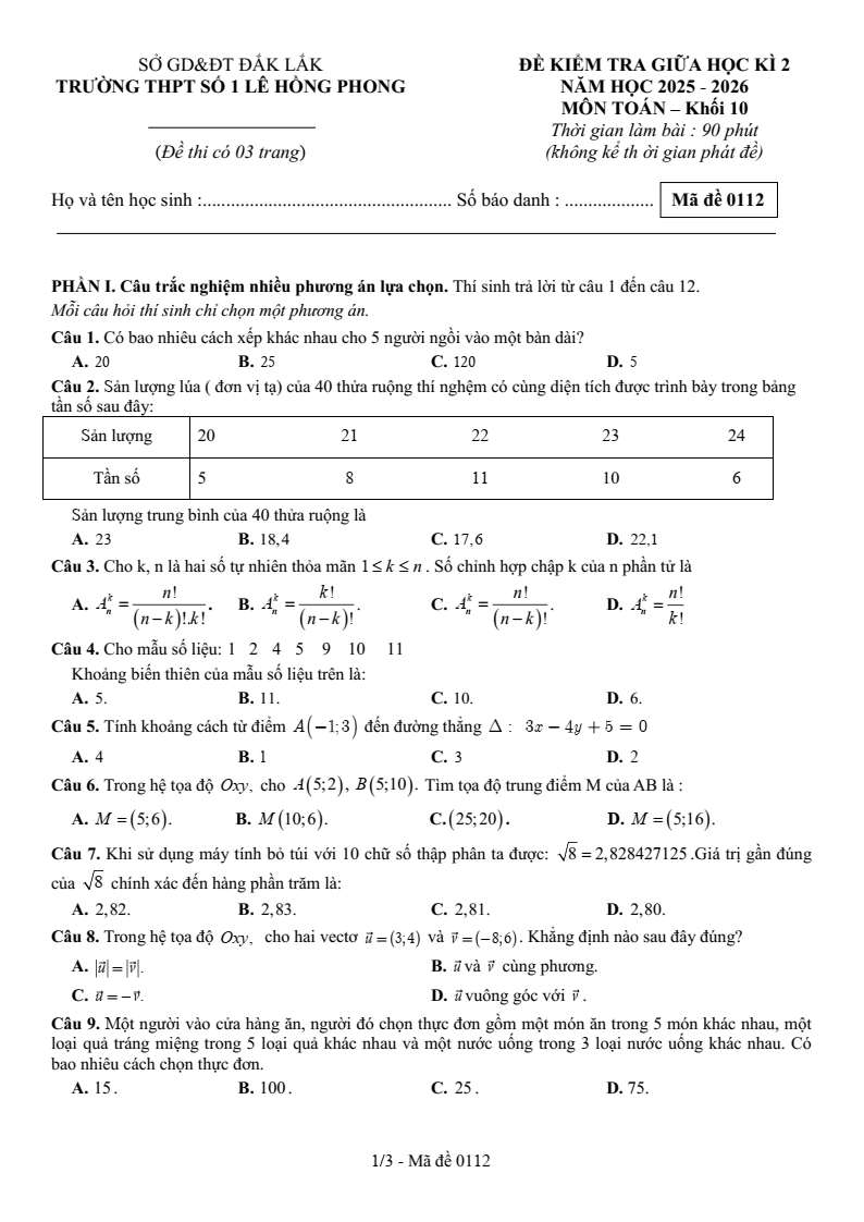 Đề thi Giữa kì 2 Toán 10 trường THPT Số 1 Lê Hồng Phong (Đắk Lắk) năm 2025-2026