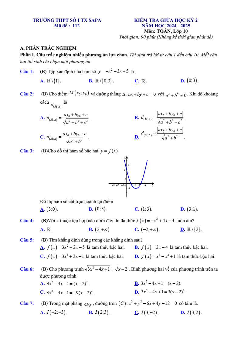 Đề thi Giữa kì 2 Toán 10 trường THPT số 1 TX Sa Pa (Lào Cai) năm 2024-2025