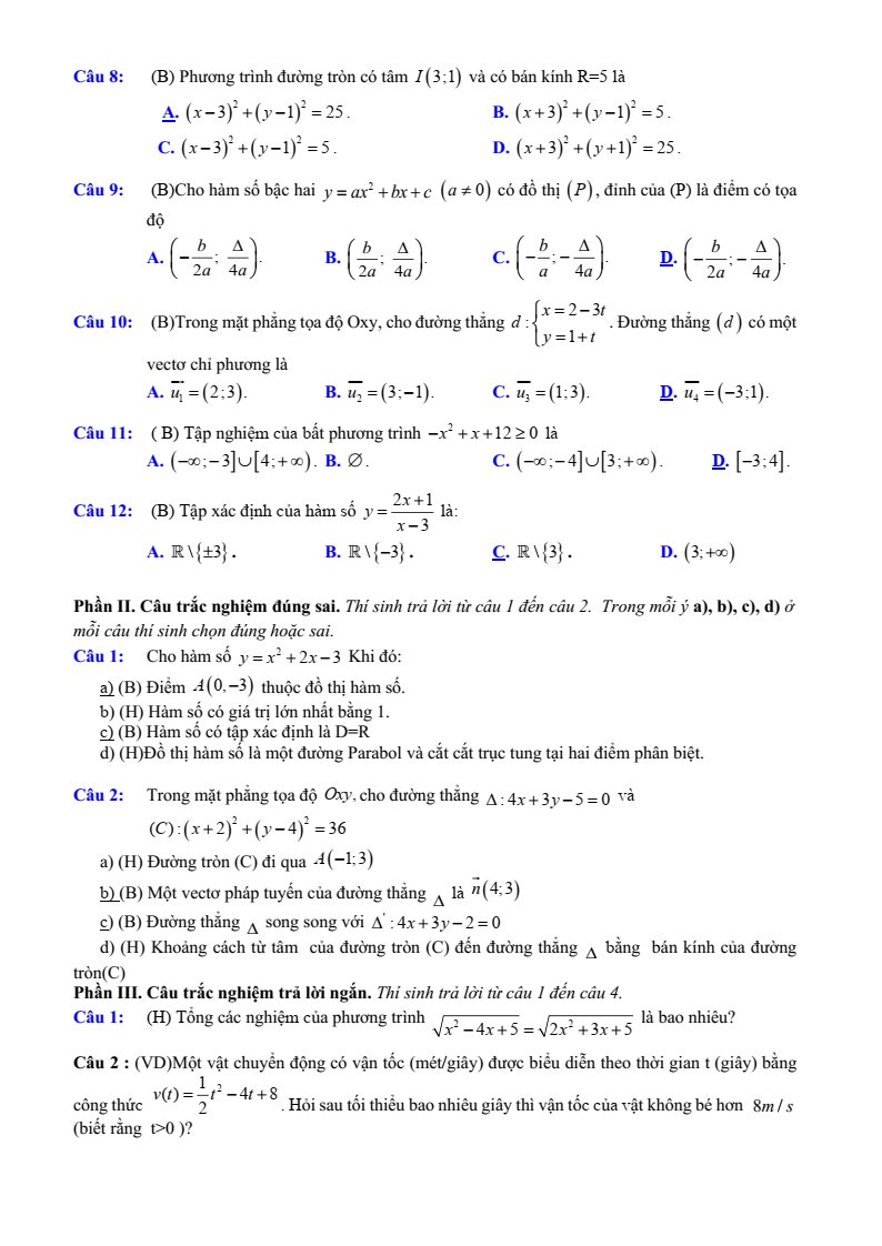 Đề thi Giữa kì 2 Toán 10 trường THPT số 1 TX Sa Pa (Lào Cai) năm 2024-2025