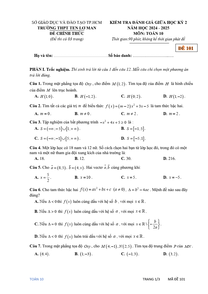 Đề thi Giữa kì 2 Toán 10 trường THPT Ten Lơ Man (Tp.HCM) năm 2024-2025