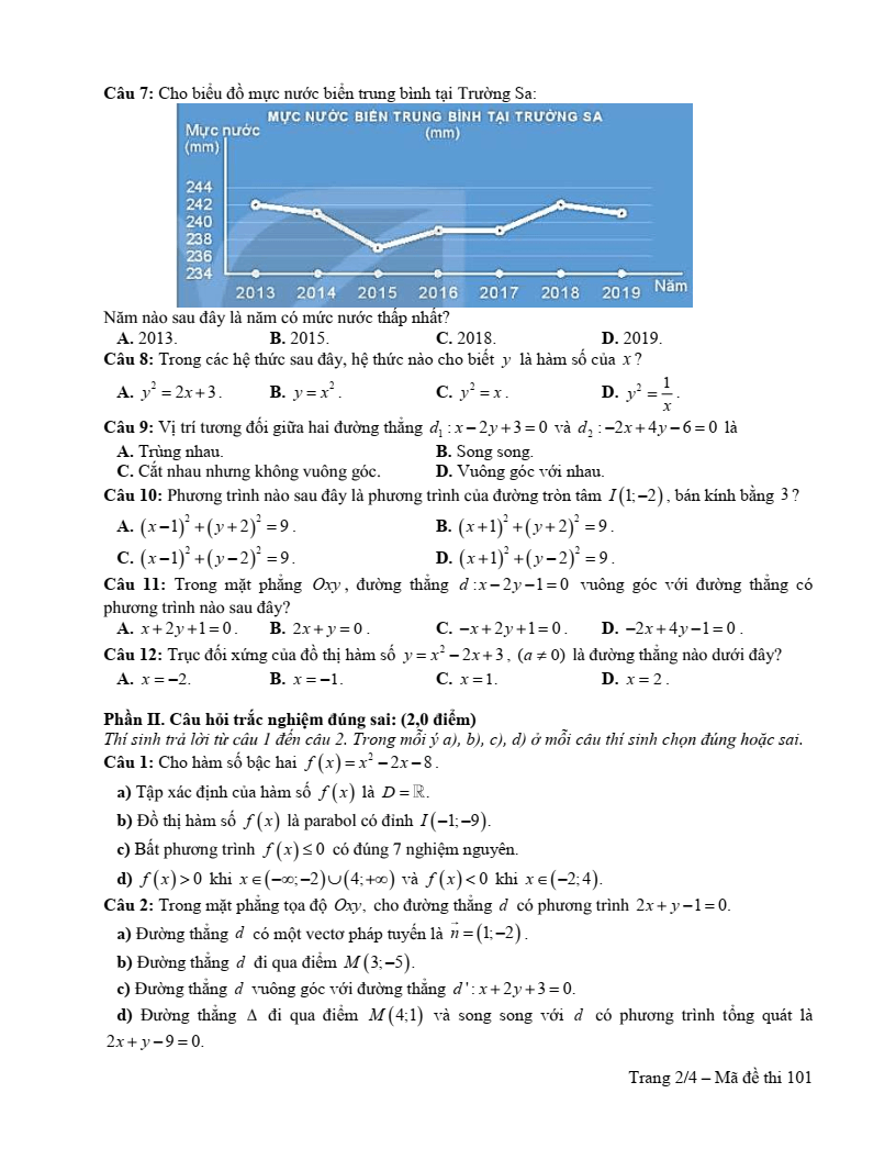 Đề thi Giữa kì 2 Toán 10 trường THPT Thị xã Quảng Trị năm 2024-2025