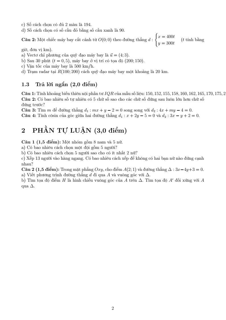 Đề thi Giữa kì 2 Toán 10 trường THPT Thuận Thành Số 2 (Bắc Ninh) năm 2025-2026