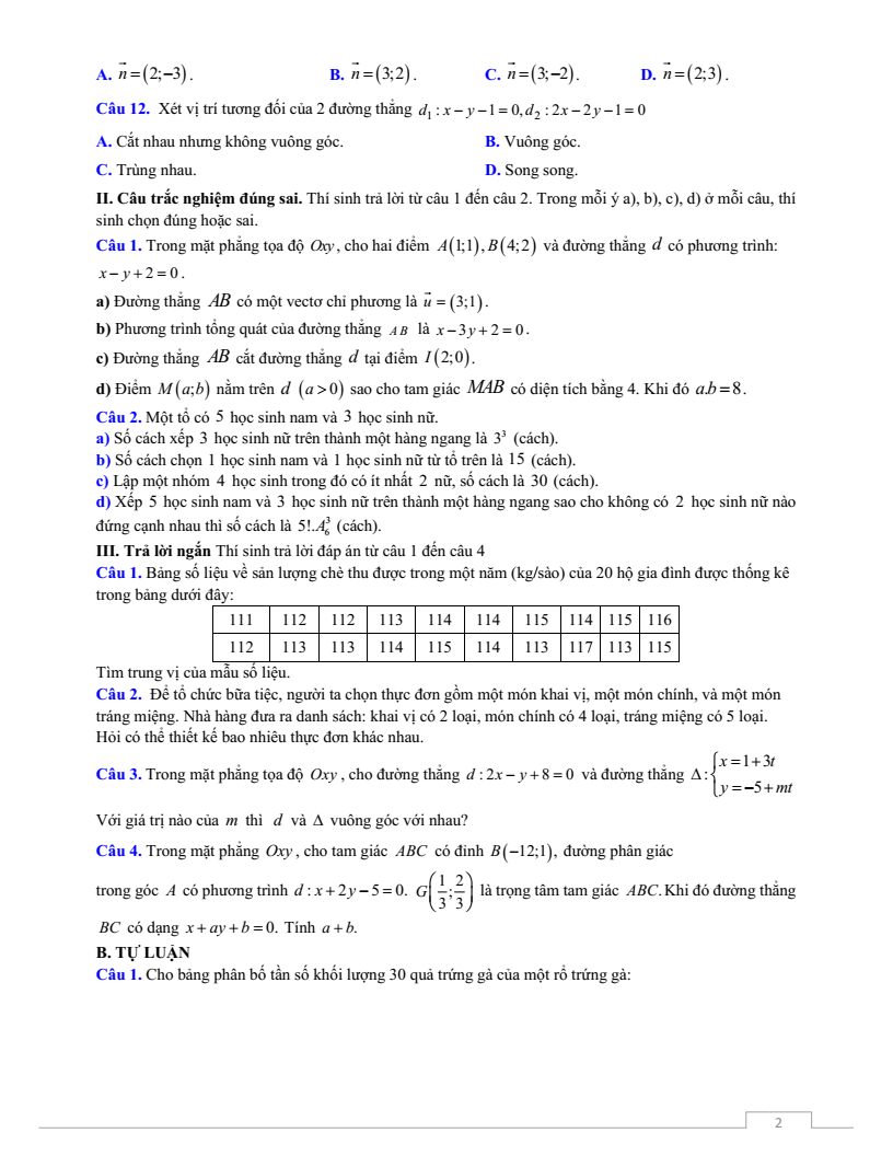 Đề thi Giữa kì 2 Toán 10 trường THPT Thuận Thành Số 2 (Bắc Ninh) năm 2025-2026