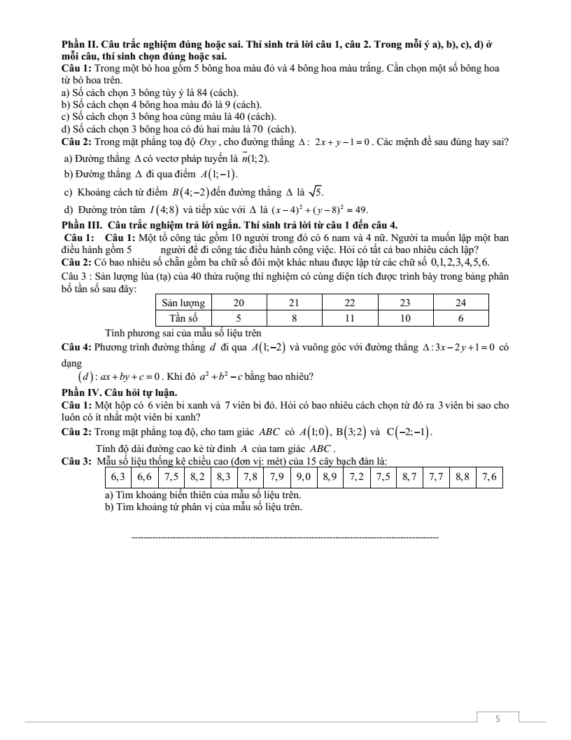 Đề thi Giữa kì 2 Toán 10 trường THPT Thuận Thành Số 2 (Bắc Ninh) năm 2025-2026