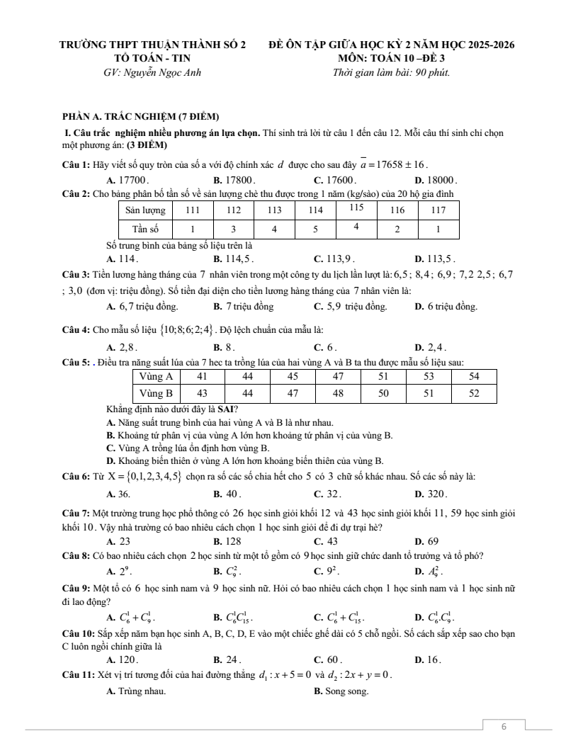 Đề thi Giữa kì 2 Toán 10 trường THPT Thuận Thành Số 2 (Bắc Ninh) năm 2025-2026