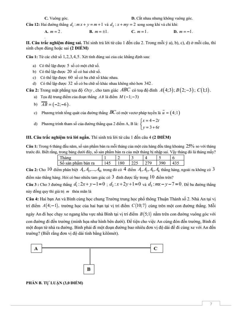 Đề thi Giữa kì 2 Toán 10 trường THPT Thuận Thành Số 2 (Bắc Ninh) năm 2025-2026