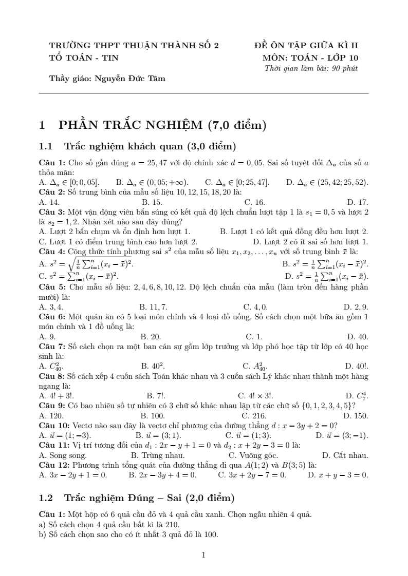 Đề thi Giữa kì 2 Toán 10 trường THPT Thuận Thành Số 2 (Bắc Ninh) năm 2025-2026