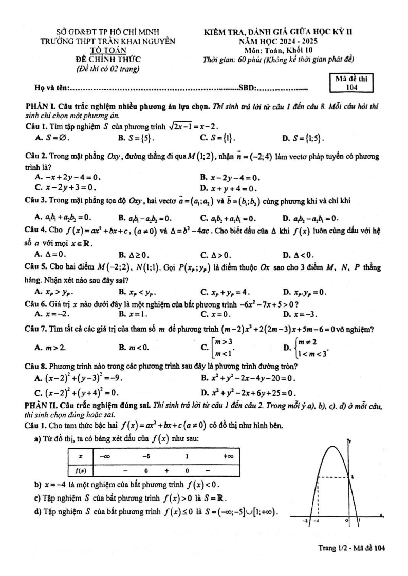 Đề thi Giữa kì 2 Toán 10 trường THPT Trần Khai Nguyên (Tp.HCM) năm 2024-2025