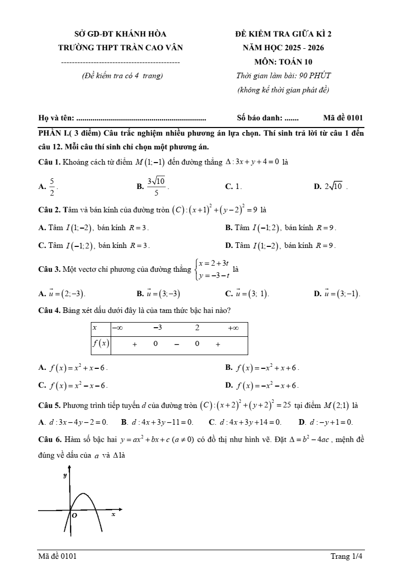 Đề thi Giữa kì 2 Toán 10 trường THPT Trần Cao Vân (Khánh Hòa) năm 2025-2026